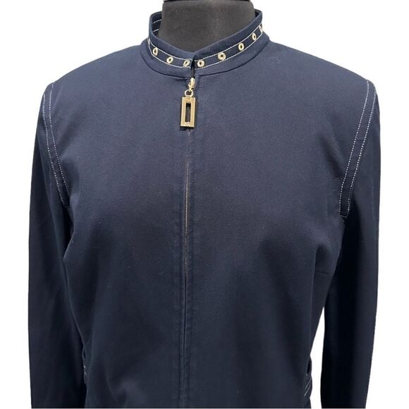 ST John Sport by Marie Gray Navy Blue Zip Front Grommet Trim Sport Coat Jacket - Picture 3 of 16